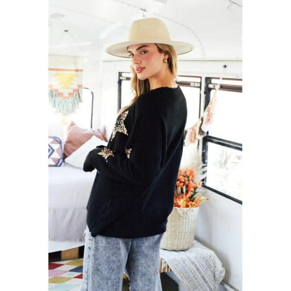 Fantastic Fawn Oh My Stars Sequin + Pearls Sweater in Black IFKT54447-01 - Picture 7 of 11